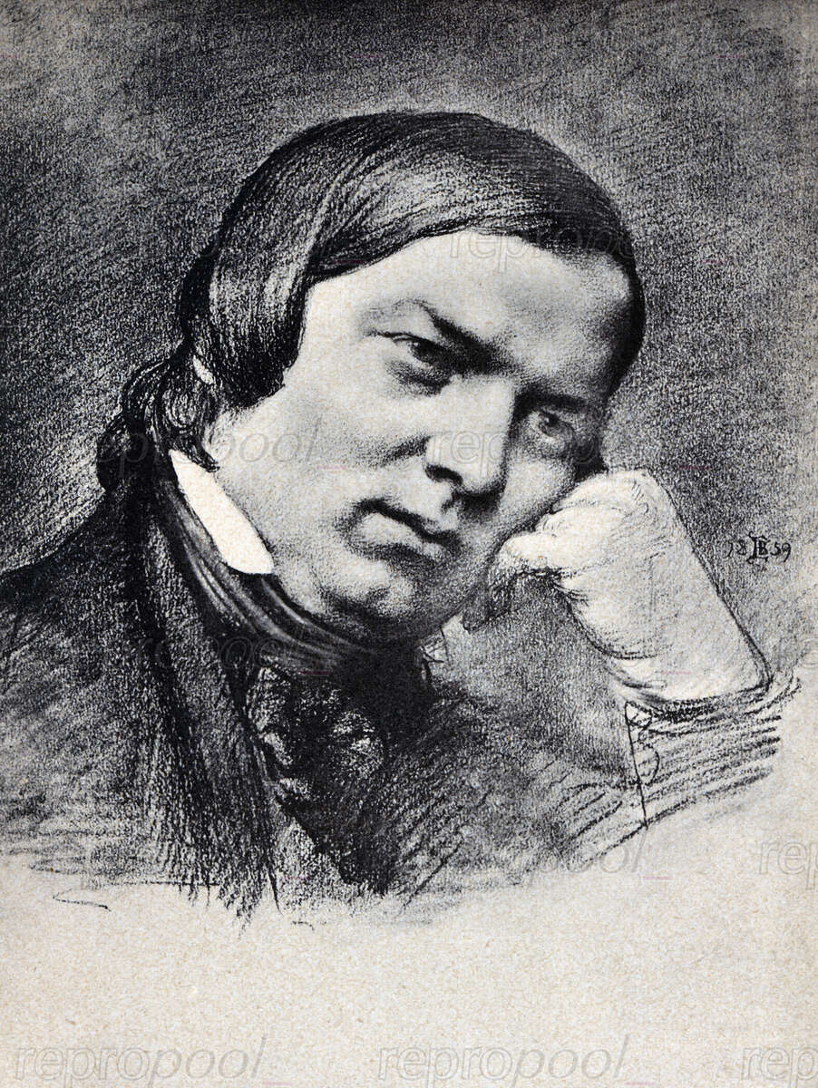 Robert Schumann; Kohlezeichnung von W. Neumann (nach 1859);<br>nach: Gemälde von Eduard Bendemann (1859)